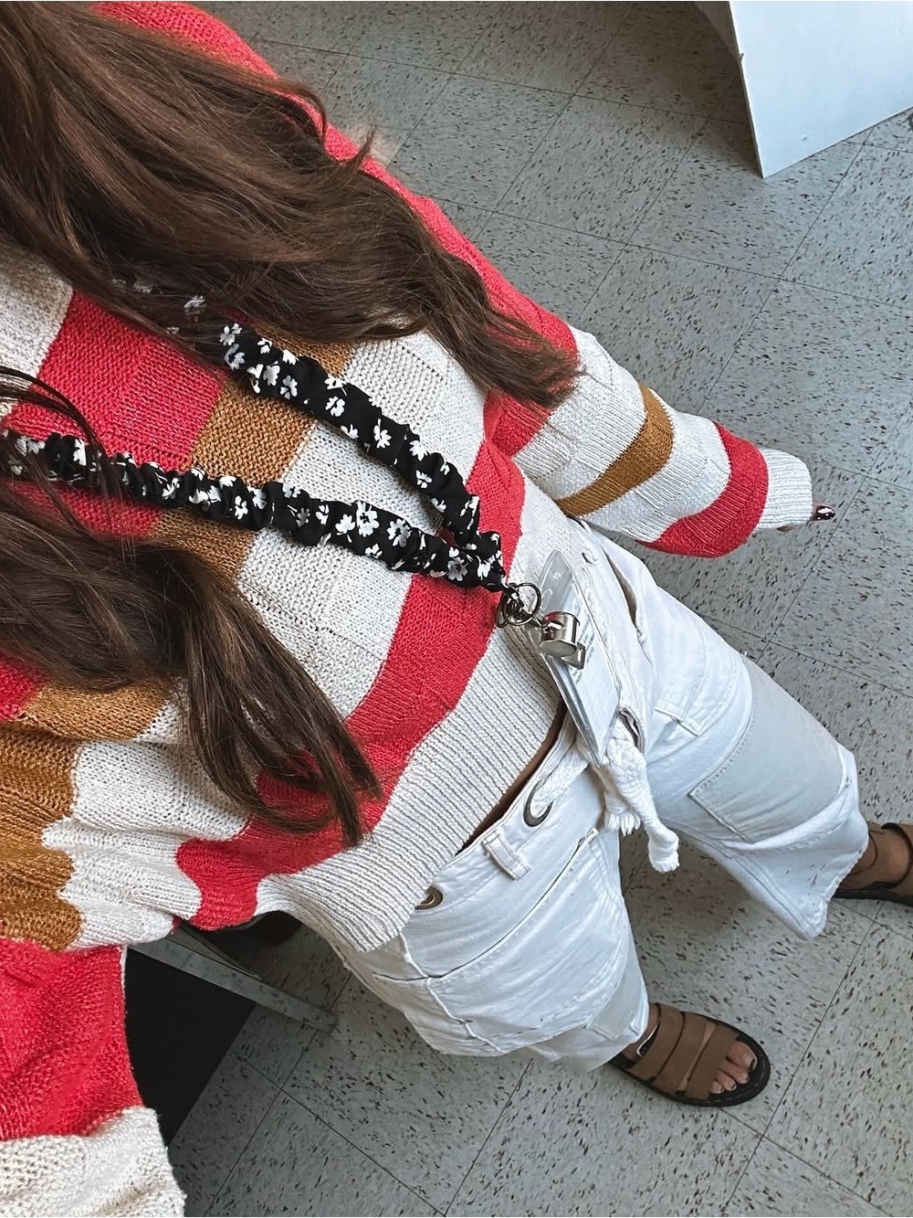 Black and white floral scrunchie lanyard